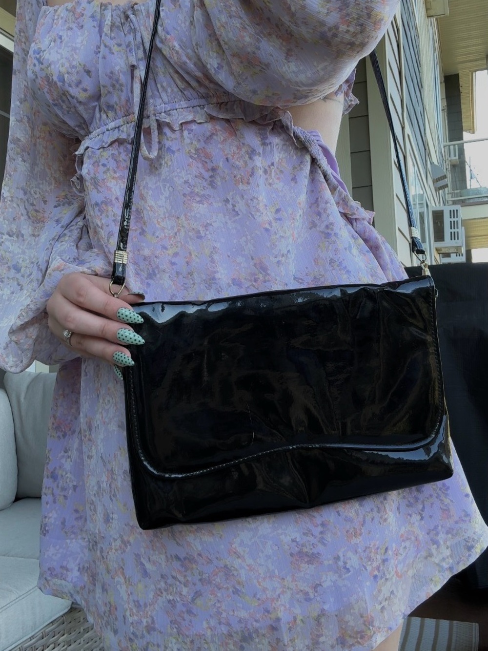 80s Style Vintage Lady K Classic Black Shiny Leather Shoulder Bag Crossbody